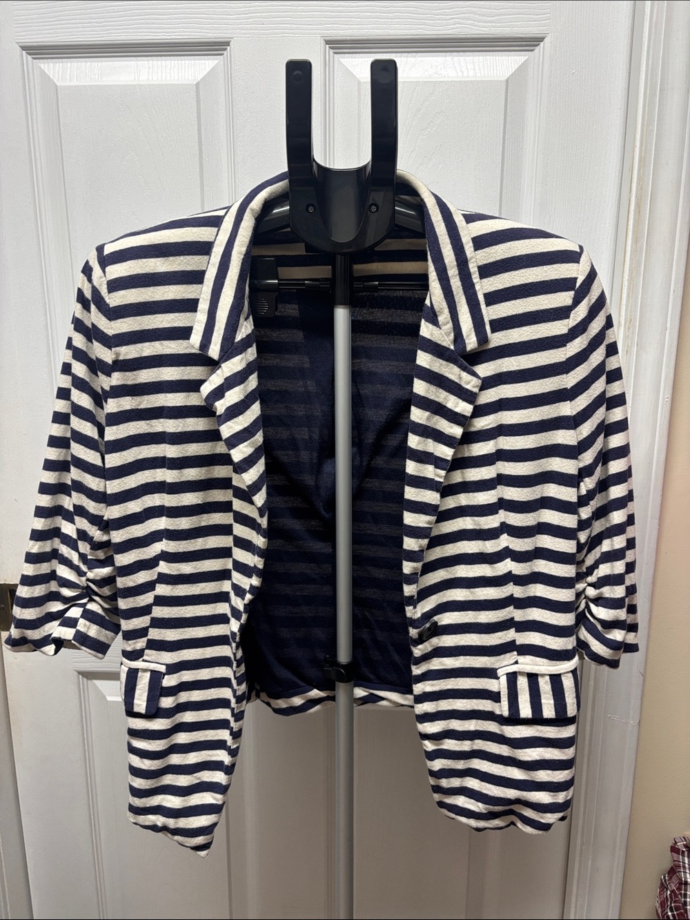 Monteau Knit Striped Navy & White Open Front Cropped Blazer Jacket 3/4 sleeves S